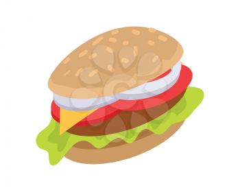 Hamburger icon in flat. Burger with meat, cheese, lettuce and tomato. Burger or sandwich, fast food. Consumption of high calories nourishment fast food. Meal and snack burger on white background