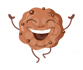Running chocolate biscuit isolated illustration. Sweets. Happy smiling cookie with closed eyes and raised hands. Running brown baked cracker with pieces of chocolate. Simple cartoon style. Vector