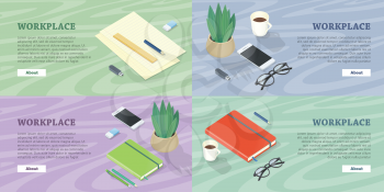Workplace web banners set. Office supplies, phone, flowerpot, glasses and cup of coffee on table surface vector in isometric projection. Stationery for work. For personal effectiveness courses page