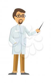 Doctor or scientist character icon. Man in white coat with pointer in hand flat vector illustration isolated on white. Therapist or laboratory assistant. For medical, healthcare, scientific concept 