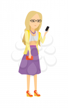 Woman with mobile phone. Pretty blonde girl in casual closing with smartphone flat vector isolated on white. Waiting call on date concept. Communication in social media and using online services