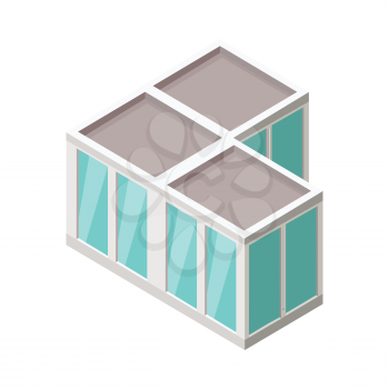 Isometric city building vector. Isometry icon of city. Modern architecture, skyscraper exterior, clean city. Home and office building. Eco friendly environment. Residential estate cityscape.