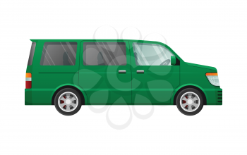 Green minivan in simple cartoon style isolated on white. Side view. Shaded and clear glasses. Speed four-wheeled mean of transportation. Front and back headlights. Flat design. Vector illustration