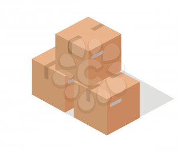 Cargo paper boxes isolated on white. Isometric 3d cartoon boxes. Carton box, paper box, cartoon frame, warehouse box, cardboard container isometric, cargo carton box. Vector illustration