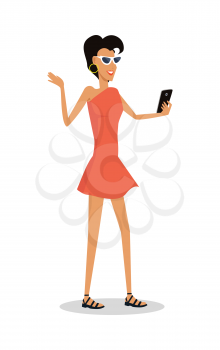 Woman on vacation with mobile device isolated on white. Lady makes selfie on the rest. Girl taking pictures on smartphone. Holiday concept. Happy tourist on journey. Vector illustration in flat style.