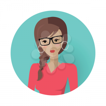 Young woman round avatar icon. Young woman in glasses and red blouse. Social networks business users avatar pictogram. Isolated vector illustration on white background.