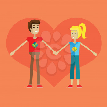 Happy boy and girl holding hands on the background of heart. Cute couple in love holding hands. First love. Smiling young personages on orange background. Vector illustration in flat.