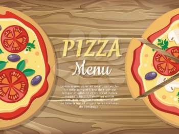 Pizza menu web banner. Pizza with tomatoes, olives, mushrooms and herbs in flat style isolated. Italian pizza with vegetables. For pizzeria, restaurant ad, logo design, delivery service. Vector
