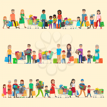 Big family making holiday purchases. Pleased parents, grandparents and children walking with bought goods in trolley and bags vectors set. Happy customers illustration for shopping and sale concepts