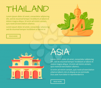 Set of Asia and Thailand web banners. Monument of Buddha and building of ancient thai temple flat vector illustrations. Horizontal concepts with Asia related symbols for travel company landing page