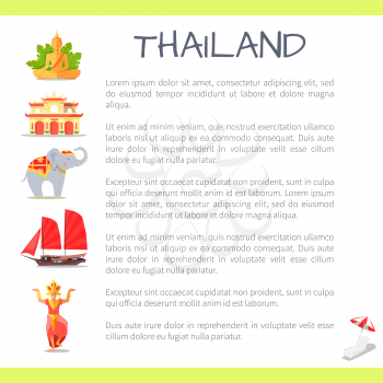 Thailand touristic banner with national symbols and sample text. Thai cultural, architectural and nature attractions flat vector illustration. Vacation in exotic country concept for travel company ad