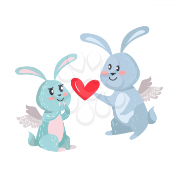 Bunnies boy and girl with angel wings isolated on white. Romantic hare couple, male rabbit gives his heart to his adorable woman. Valentines day concept vector illustration in flat cartoon style