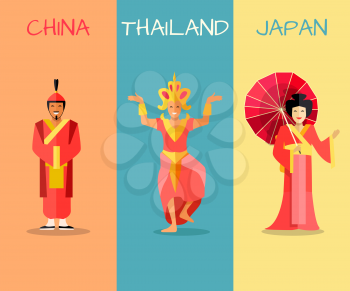 Set of asian countries banners with people in national costumes. Vertical concepts with Thailand dancer, chinese man in hanfi and geisha with paper umbrella from Japan. Oriental cultures attractions 