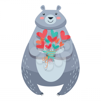 White bear with bouquet of flowers isolated on white. Teddy bear with pink cheeks holding cartoon heart shaped flowers. Valentine Day greeting card design with animal. Vector illustration love concept