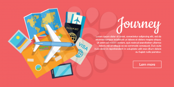 Journey web banner. Aircraft, suitcase with luggage, world map, air tickets, passport, visa, phone, mobile photo flat vector illustrations. For travel agency, airline company landing page design