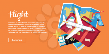 Flight travel web banner. Aircraft, suitcase with luggage, world map, air tickets, passport, diving mask, starfish flat vector illustrations. For travel agency, airline company landing page design  