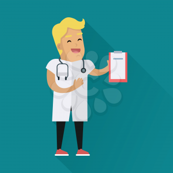 Doctor at work illustration. Vector in flat style design. Medical icon. Smiling male character in white gown showing with stethoscope and medical history. On blue background with shadow