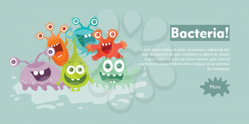 Bacteria web banner. Group of funny colorful microbes cartoon characters vector illustrations. Smiling and scary virus, pathogen cell, germ, parasite. For medical, hygienic, science web page design