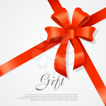 Gift card vector illustration on white background, luxury wide gift bow with red ribbon and space frame for text, gift wrapping template for banner, poster design. Simple cartoon style. Flat design