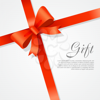 Gift card vector illustration on white background, luxury wide gift bow with red ribbon and space frame for text, gift wrapping template for banner, poster design. Simple cartoon style. Flat design