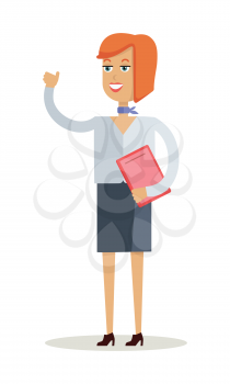 Cheerful young lady waving her hand. Happy business woman with orange hair and in business suit stands with red folder. Isolated smiling young personage. Flat design vector illustration