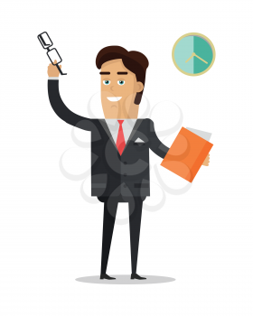 Man put off his glasses, raised hand and greeting his colleagues. Man holds book in his hands. Middle of the working day. Male in expensive suit works in office. Marketing concept. Vector illustration