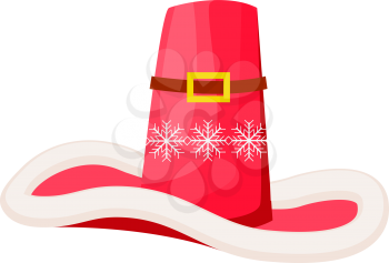 Santa Claus cowboy hat with snowflakes isolated on white. Winter fur woolen cap with buckle. Father Christmas hat flat icon winter snowboard accessory in cartoon style vector illustration
