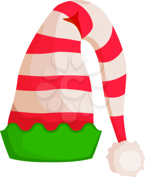 Elf striped hat with green wavy trim isolated on white. Winter fur woolen cap. Santa Claus hat with pompom. Flat icon winter snowboard headwear accessory in cartoon style vector illustration