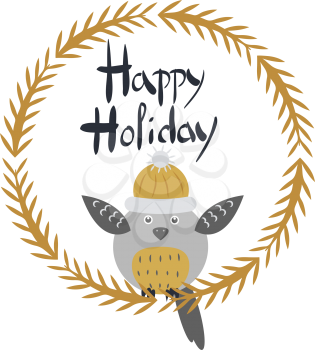 Happy Holiday card with owl bird in round frame made of branches. Vector illustration of one gray bird in knitted cap with raised wings sitting on spruce fir tree branches in cartoon retro style