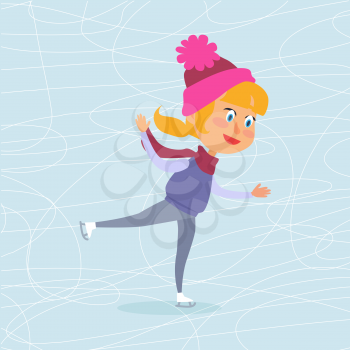Isolated cartoon girl in violet vest, red scarf and pink hat skating on frozen surface. Vector illustration of happy female child spending winter holidays on icerink. Christmas entertainments in town.