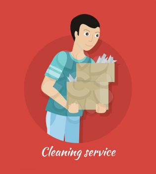 Cleaning service concept vector. Flat style design. Smiling man character carrying boxes with house rubbish. Small private business. Illustration for housekeeping companies and services advertising
