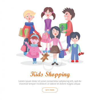 Kids shopping conceptual banner. Group of children characters with bags, boxes and toys buying gifts vector illustrations on white background. Holiday shopping concept for sale promotions web page