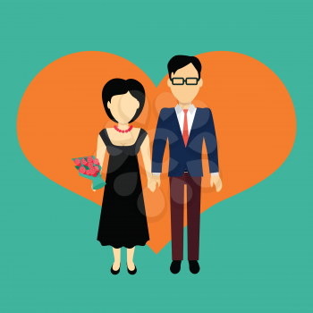 Couple in love banner. Man and woman, boy and girl holding hands and bouquet of flowers. In the background of the heart silhouette. Romantic banner flat together male and female, vector illustration