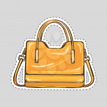 Ladies handbag with handle and clips isolated in flat style. Patch icon. Elegant orange yelow leather bag. Editable female accessory object. Modern trendy casual sack. Luxury case. Vector illustration