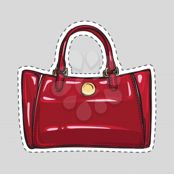Woman dark red bag patch in flat style. Female handbag isolated. Elegant ladies colorful bag. Leather bag. Female accessory object. Handbag with handle, clips. Cut out of paper. Vector illustration