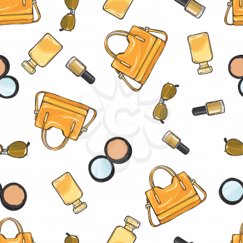 Collection of women accessories. Yellow varnished purse. Beige nail polish. Face powder with mirror in black round case. Sunglasses. Perfume. Seamless pattern. Endless texture. Fabric. Vector