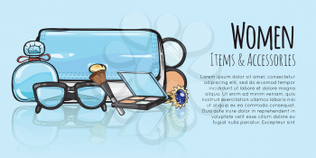 Women items and accessories. Illustration of blue purse, face powder, perfume, sunglasses, ring, eyeshadows palette. Fashionable female objects on blue. Poster. Cartoon style. Flat design Vector