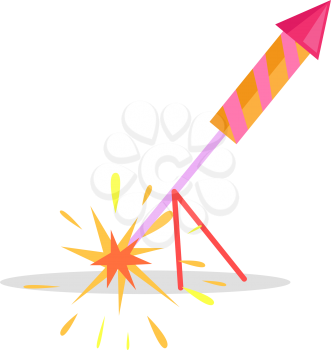 Christmas firework rocket isolated vector icon on stand on white background. Colourful sky kind of pyrotechnics with fire for celebrating New Year and Christmas holidays and parties in cartoon style