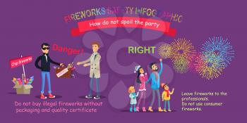 Fireworks safety infographic, how do not spoil the party. Man in black selling case with counterfeit and people watching at sky with salutes. Vector illustration of unfair deal and proper behavior