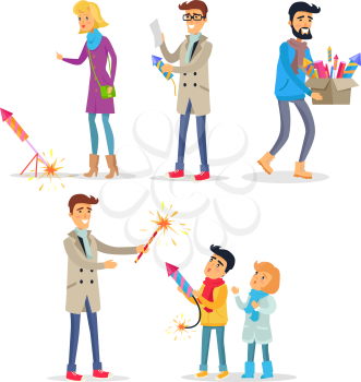 Adults and children setting off colourful fireworks in flat design. Vector illustration in cartoon style of people looking at pyrotechnics, reading instruction, carrying box and teaching children
