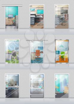 Transparent door set in checkered wall with view on study objects. Vector poster of glass doors and chairs, tables, computers, sofas, windows and other office equipments viewable through doors