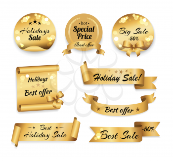 Holiday big best sale -50 and special prices banner. Golden labels in round, square and oblong shapes with designations on price reductions on white in flat style. Festive decorative sale tags