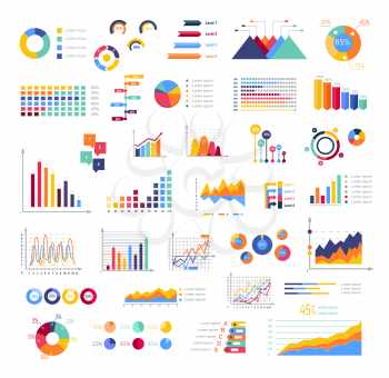 Graphics colourful for display white poster. Round, triangular, rising, falling and with percentages diagrams showing business progress and regression. Vector set of abstract virtual elements.