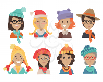 Woman face emotive icons. Smiling cute female characters of all ages in warm knitted hats and scarfs flat vectors. Girl, lady, granny in fashionable winter headdress. Positive emotions user avatars