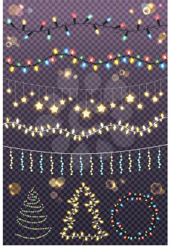 Garland ropes with many lighted colourful bulbs and garlands twisted in Christmas trees and circle on transparent background. Vector illustration of decorative accessory lights for holidays.