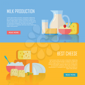 Milk production and best cheese conceptual banners. Set of traditional dairy products as milk and cheese. For farm, grocery store, cafe, diet and food delivery services apps, prints, logos, web design