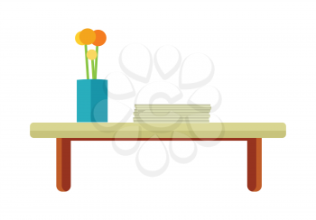 Wooden tea table with stack of paper and flower in pot. Orange flower in blue pot. Design element for home and office interior. Isolated object on white background. Vector illustration.