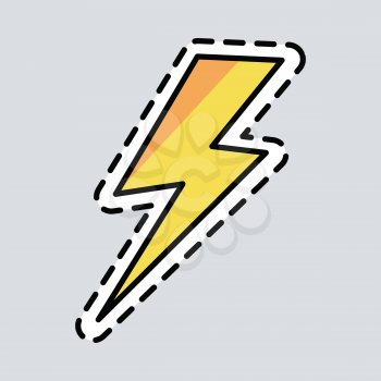 Yellow lightning icon. Cut it out. Illustration of isolated danger sign. Symbol of energy. Curved line. Patch. Amber colour. Cartoon style. Exscind. Flat design. Warning. Thunderbolt Vector