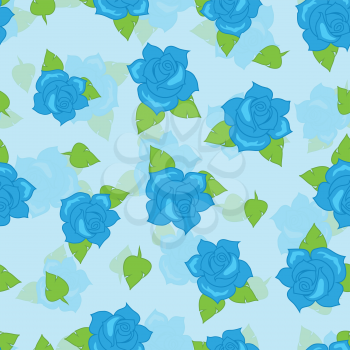 Blue rose with green leaves seamless pattern. Illustration of isolated big blossoms in cartoon style walllpaper, wrapping paper. Fashion decoration endless texture. Floral embellishment. Vector