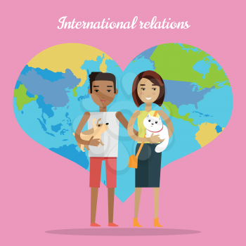 International relations. Afro american man and caucasian woman. Couple family with different skin colors. Racial diversity concept. Boy with dog, girl with cat. Map of world in shape of heart. Vector
